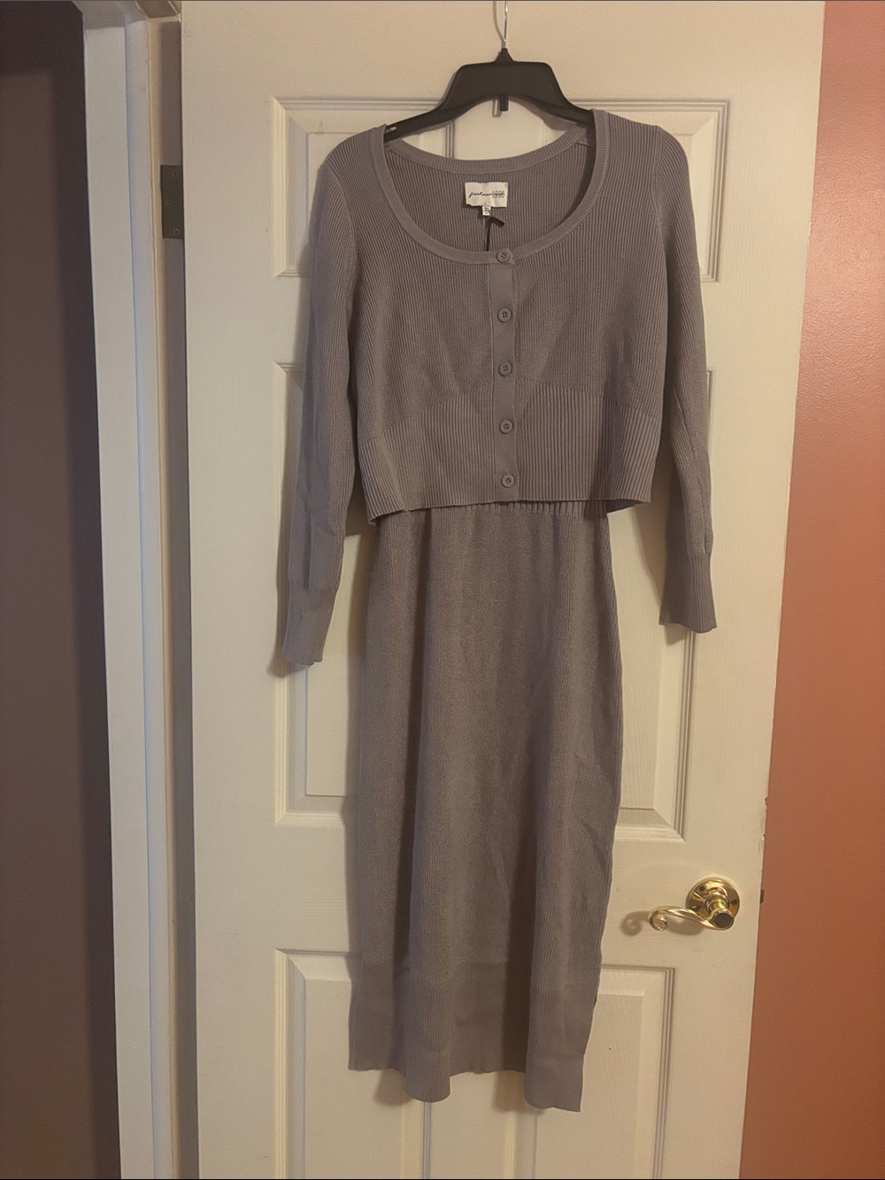 Two Piece Freshman 1996 Taupe Knit Midi Slip Dress  w/ Matching Cardigan